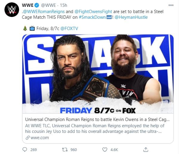 WWE宣布让罗曼雷恩斯和凯文欧文斯在本周Smackdown打一场钢铁牢笼赛