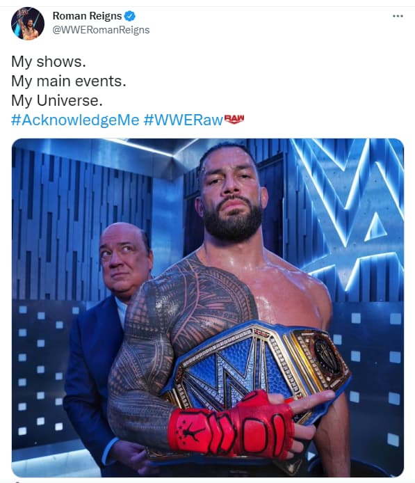 罗曼雷恩斯在今日WWE RAW 上拿下两场胜利后发表推特,这是我的地盘