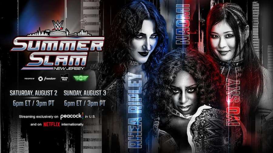 女子世界冠军赛：娜欧米（Naomi）（卫冕） vs 雷亚·里普利（Rhea Ripley） vs 紫雷（IYO SKY）