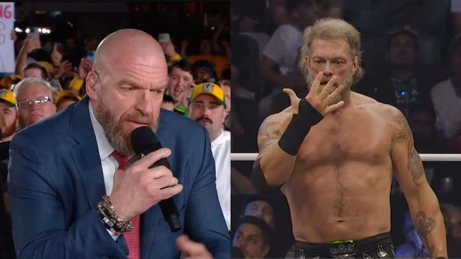 王大锤(Triple H)的表情略显尴尬,因为他们所呼喊的正是 WWE 传奇人物、同时也是 AEW 明星的亚当·科普兰(Adam Copeland)。